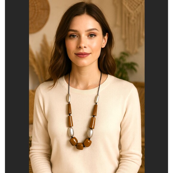 J. Jill Weekend Getaway Statement Necklace Brown Silver Beads Adjustable 31" NWT - Picture 1 of 9